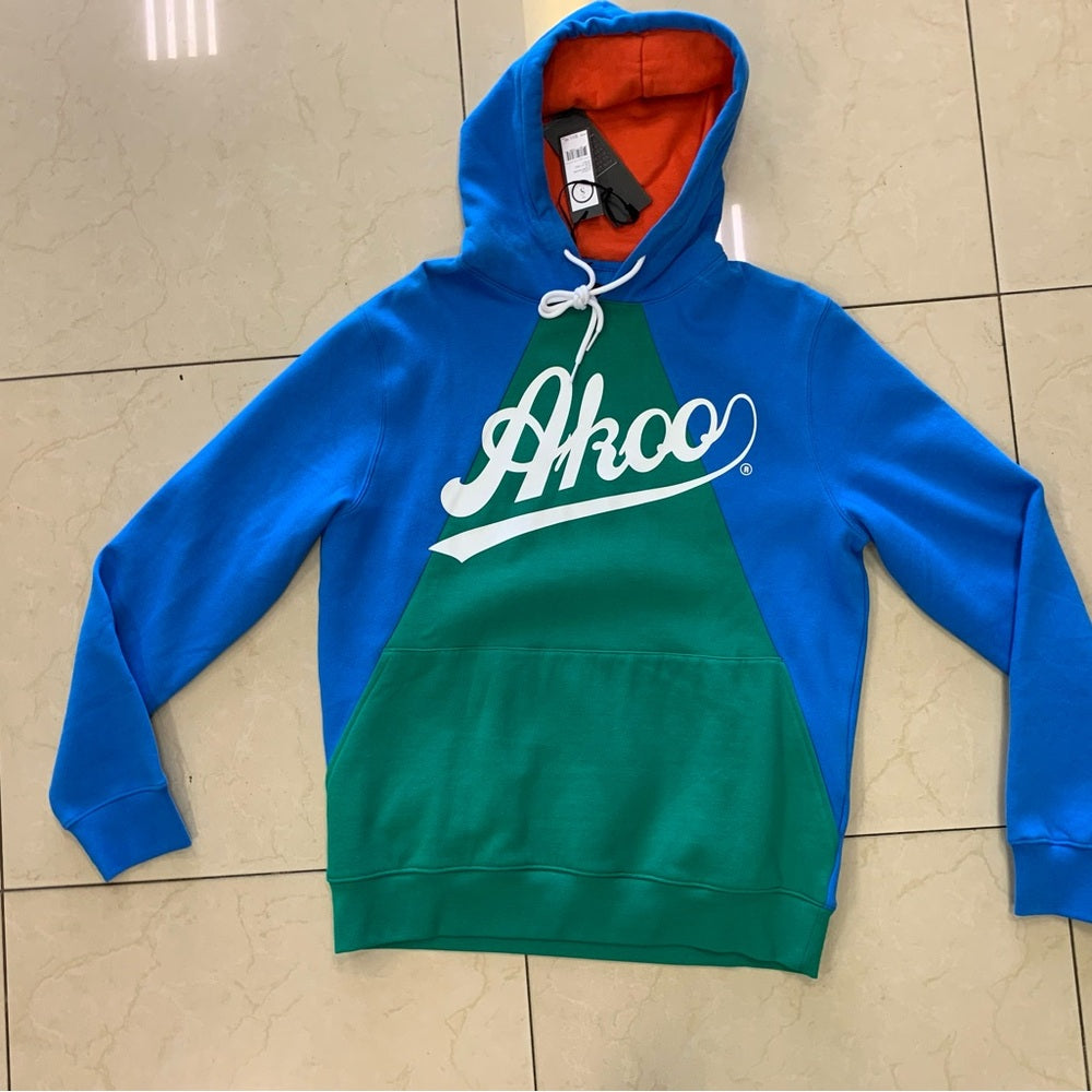 Akoo Men's Blue and Green logo Hoodie Sz Small