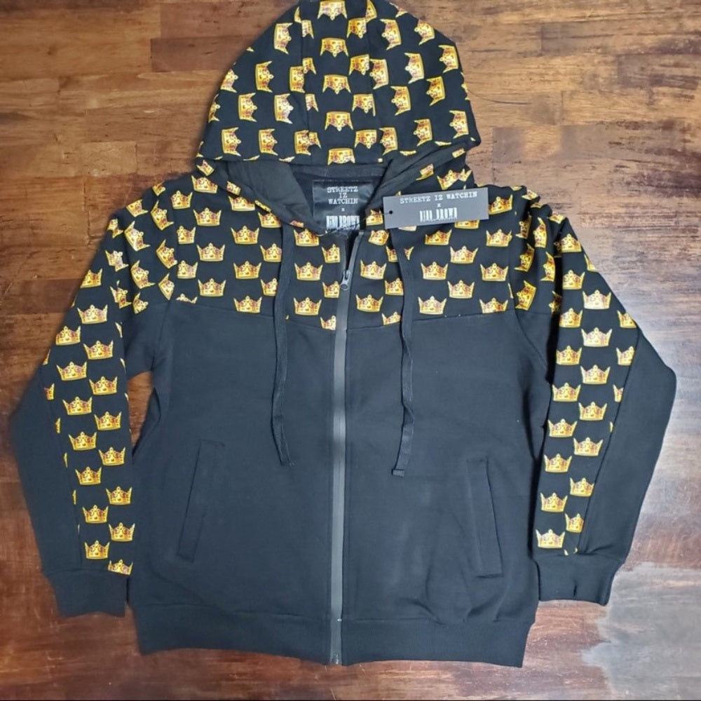 Black Hoodie with Gold Crown Pattern