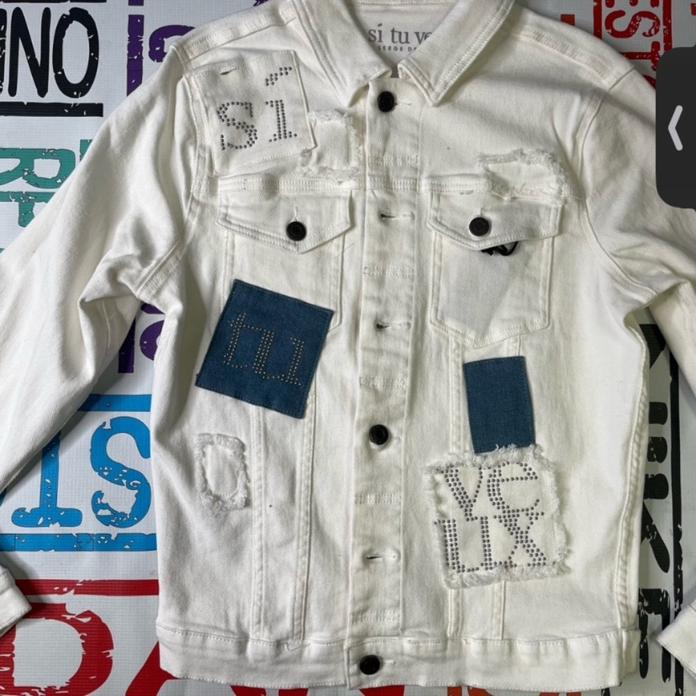 White Denim Jacket with Blue Patch Sz various