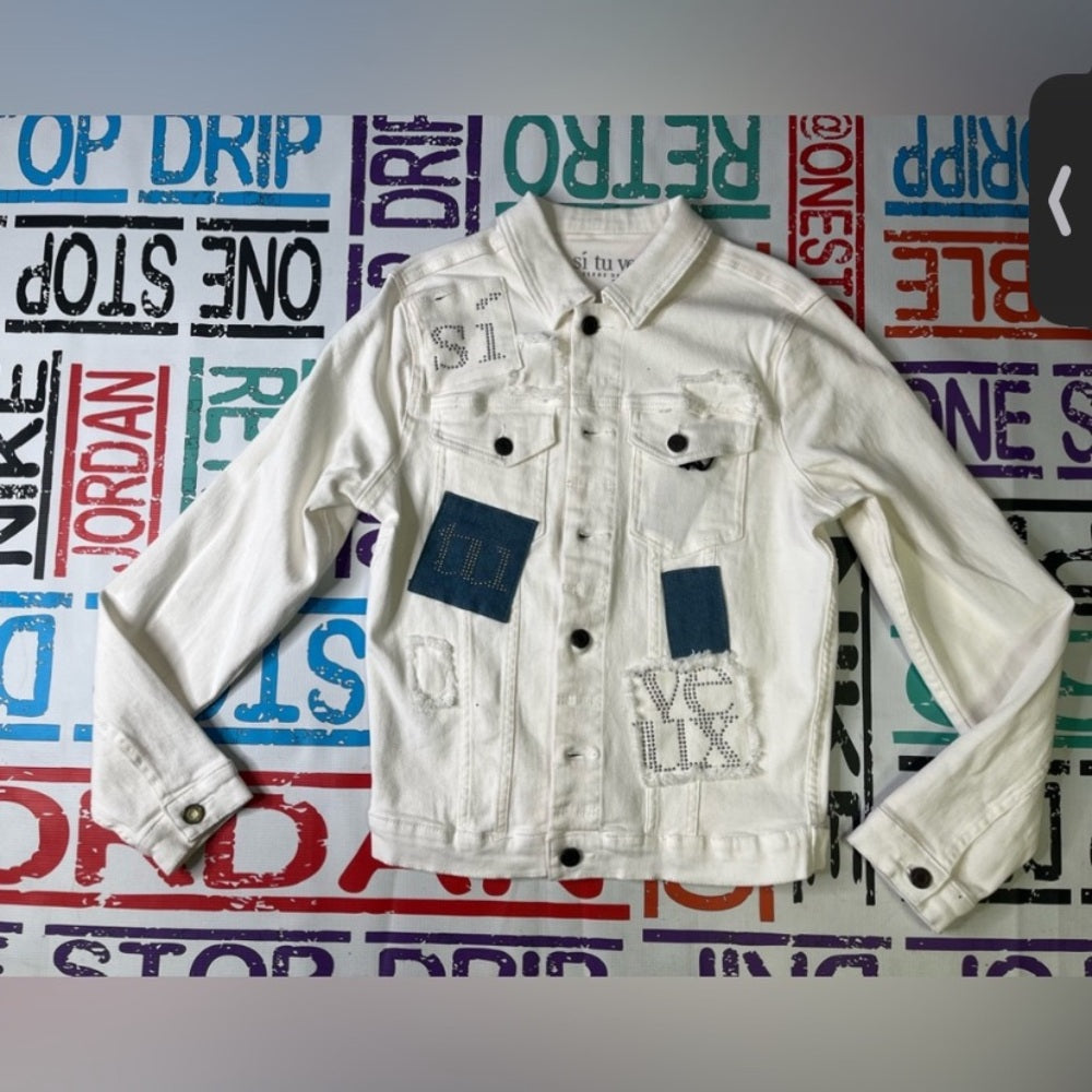 White Denim Jacket with Blue Patch Sz various