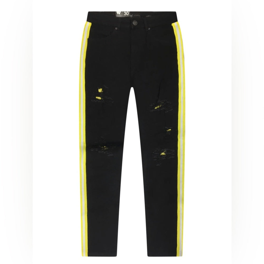 Sz Various black denim jeans yellow stripe