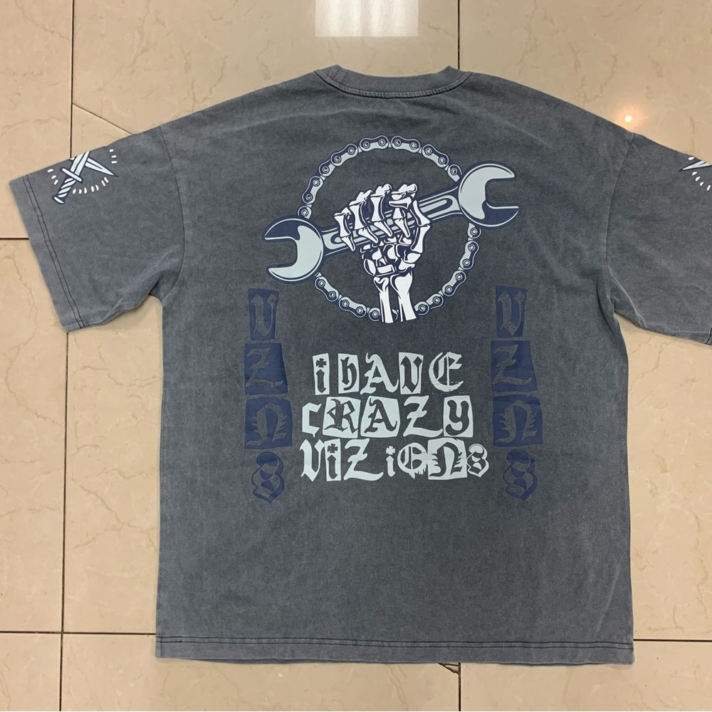 Gray acid wash blue Graphic T-Shirt with Smiley Design