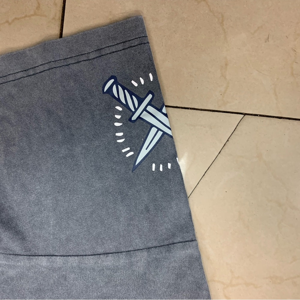 Gray acid wash blue Graphic T-Shirt with Smiley Design