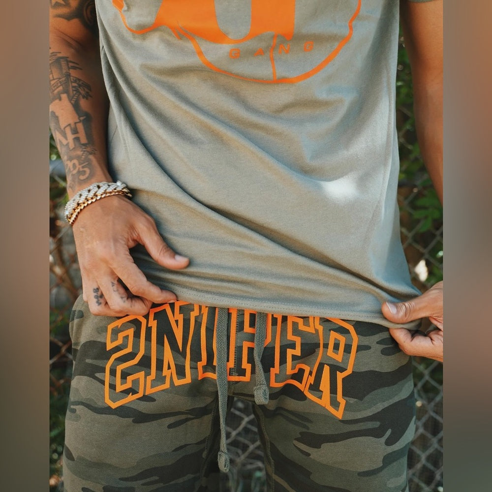 Sz Various Camouflage Sniper Shorts with Orange Lettering