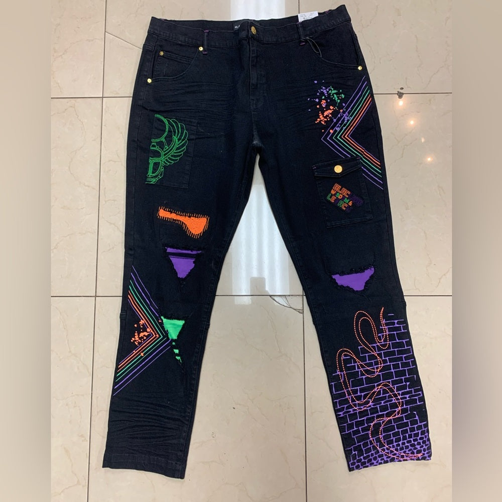 Blac Leaf  Jeans with Colorful Patches Sz 42/32