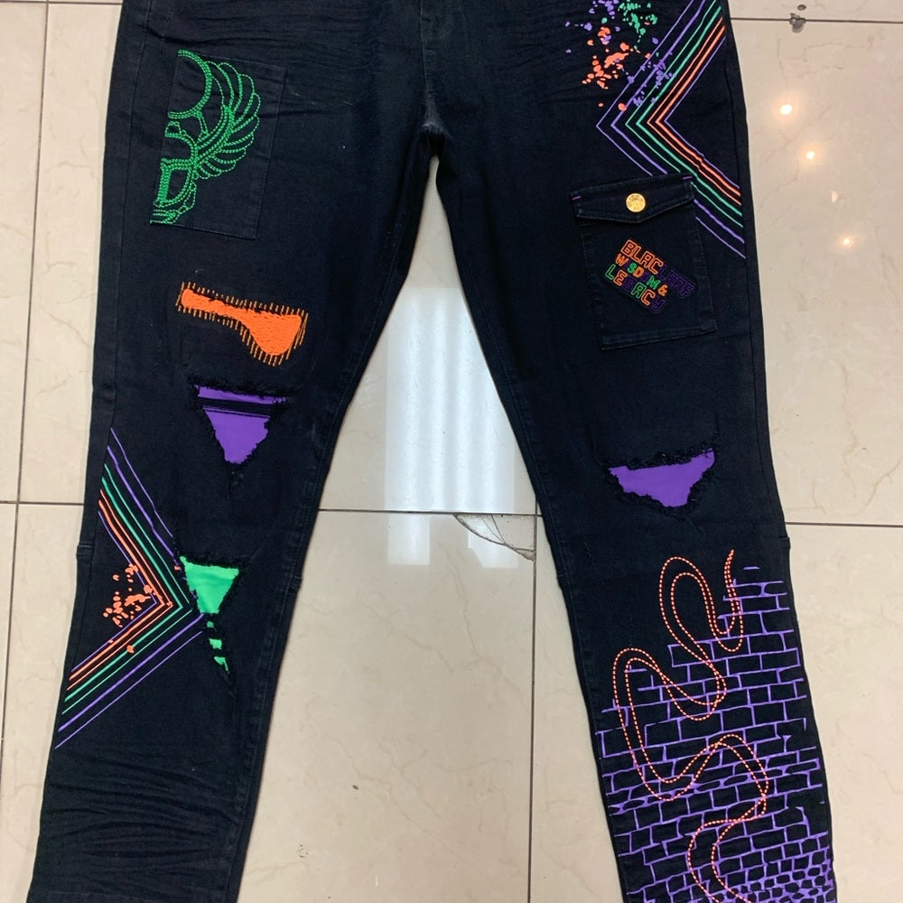 Blac Leaf  Jeans with Colorful Patches Sz 42/32