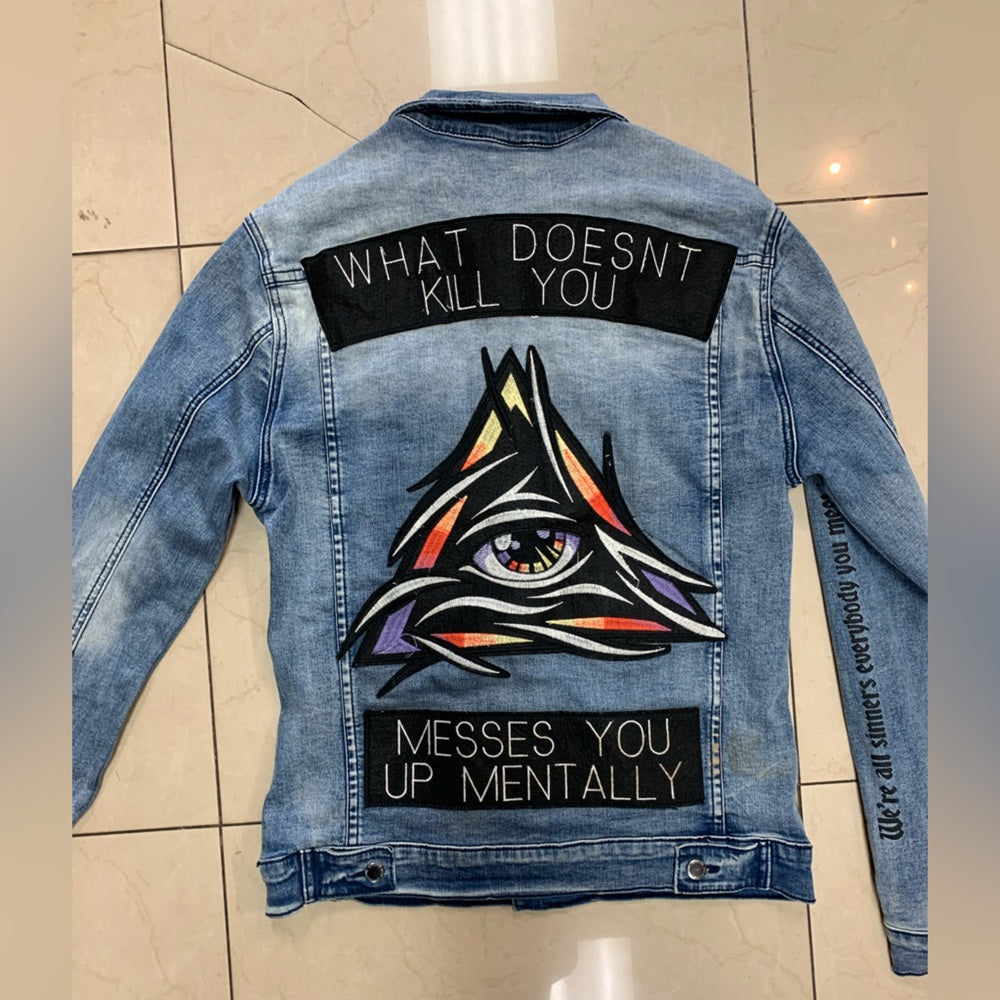 Graphic Denim Jacket with Eye Design Sz medium