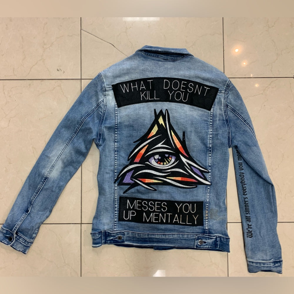 Graphic Denim Jacket with Eye Design Sz medium