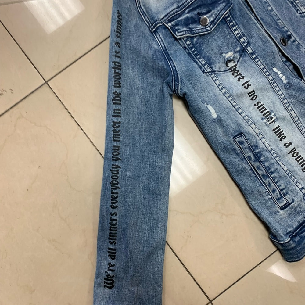 Graphic Denim Jacket with Eye Design Sz medium