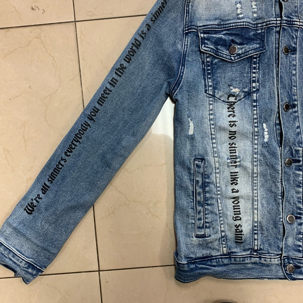 Graphic Denim Jacket with Eye Design Sz medium