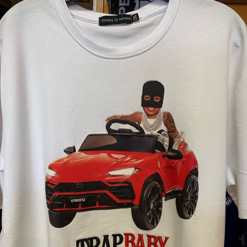 White T-Shirt with Red Car Graphic trap baby Sz 2 xl