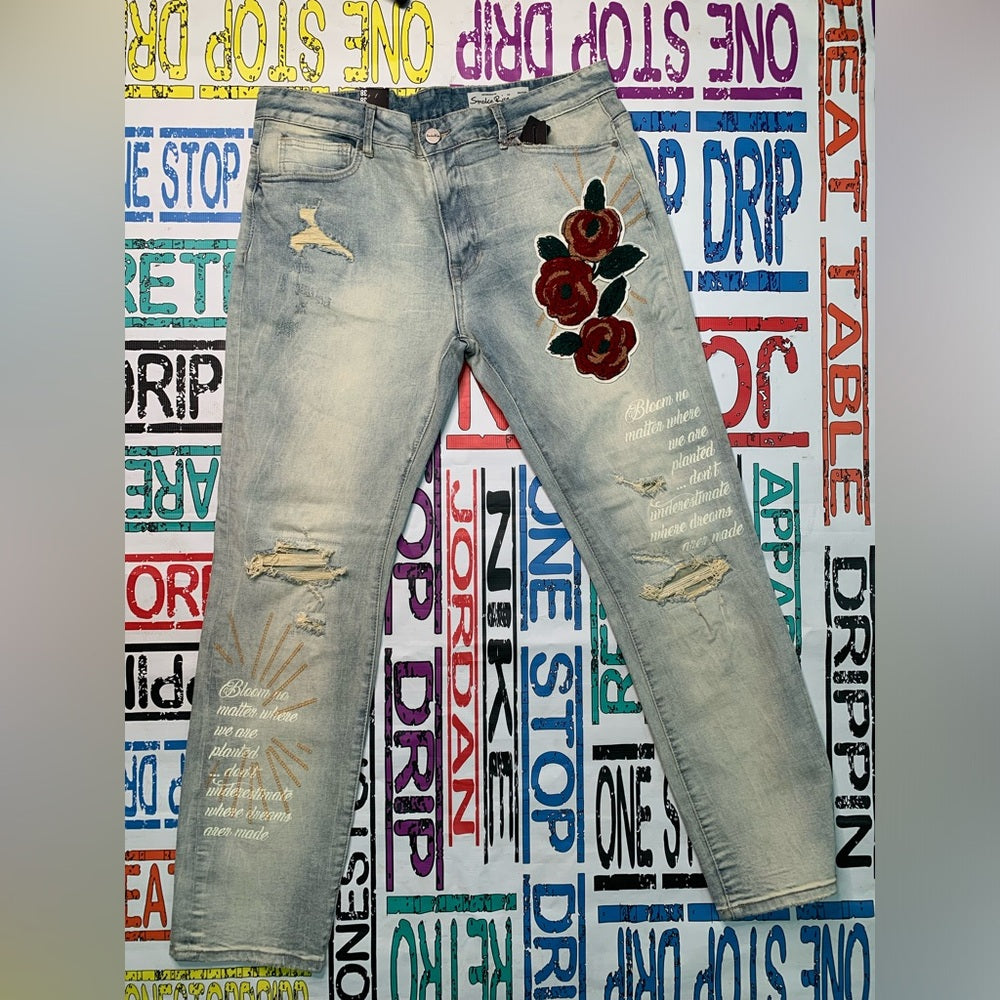 Blue denim flower embroidered jeans Sz 38