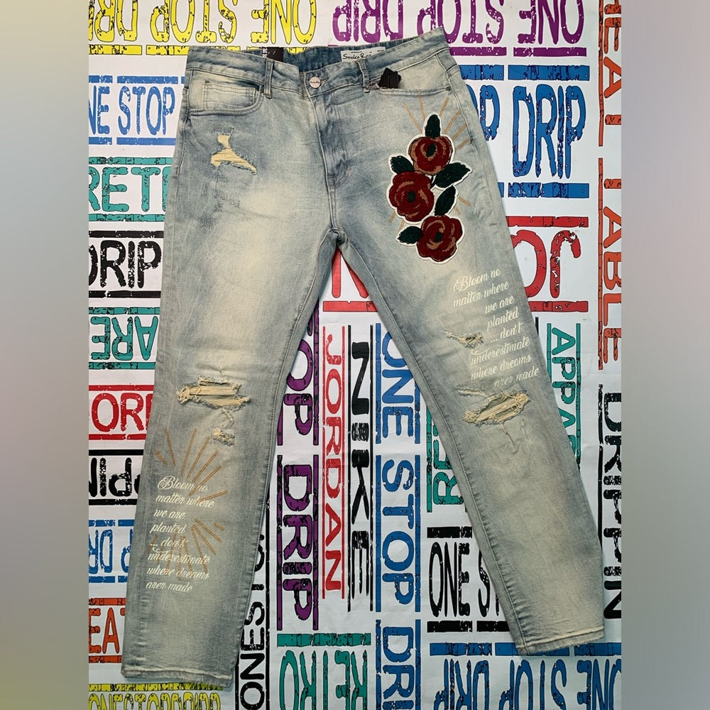 Blue denim flower embroidered jeans Sz 38