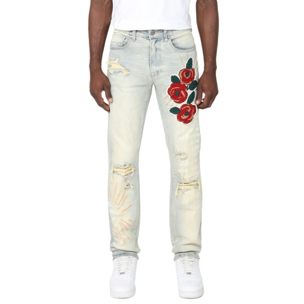 Blue denim flower embroidered jeans Sz 38