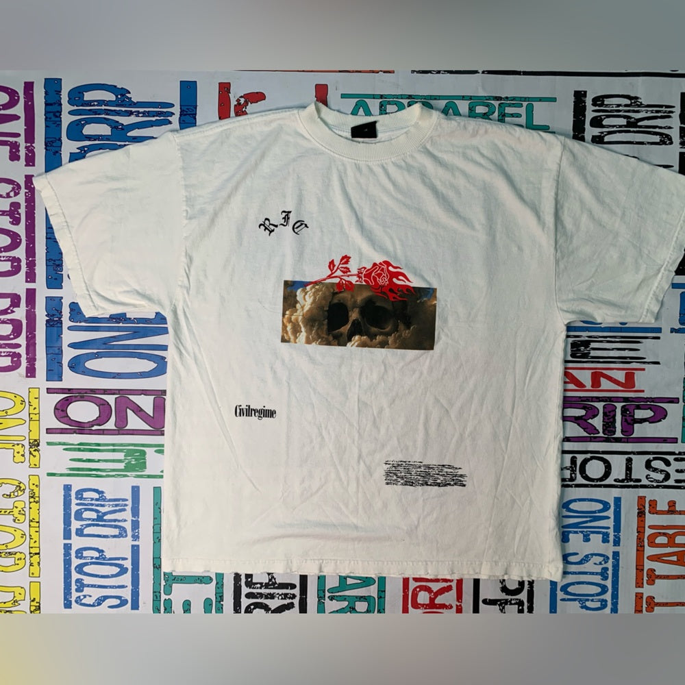 White Short Sleeve Tee with Vintage Graphic Design Sz various