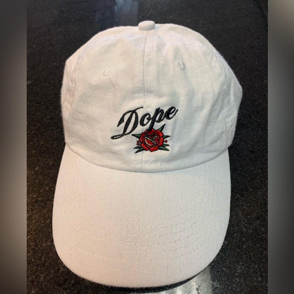 White Cap with Embroidered Rose and 'Dope' dad cap