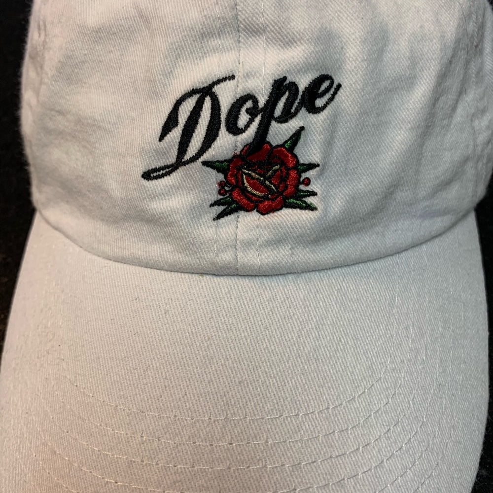 White Cap with Embroidered Rose and 'Dope' dad cap