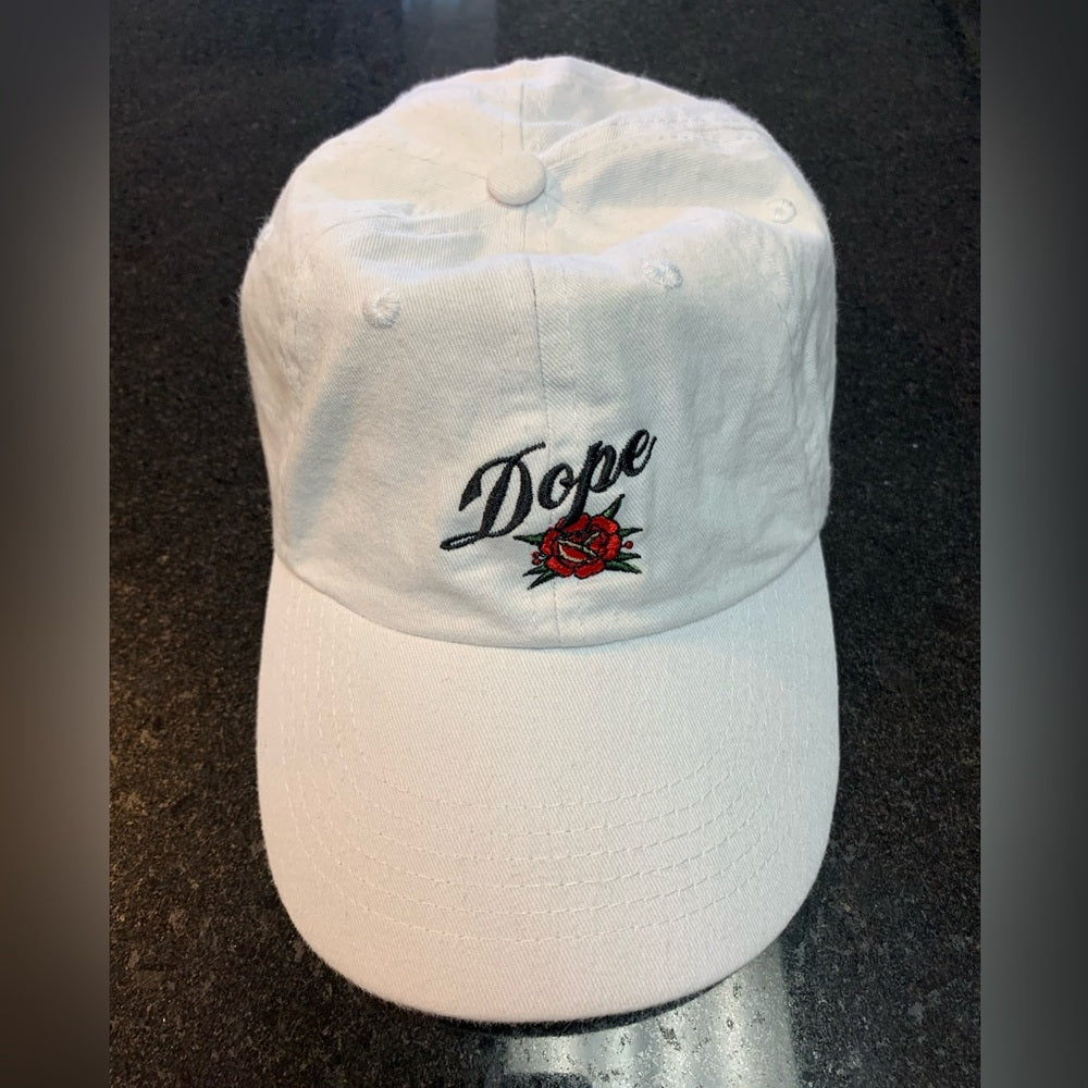 White Cap with Embroidered Rose and 'Dope' dad cap