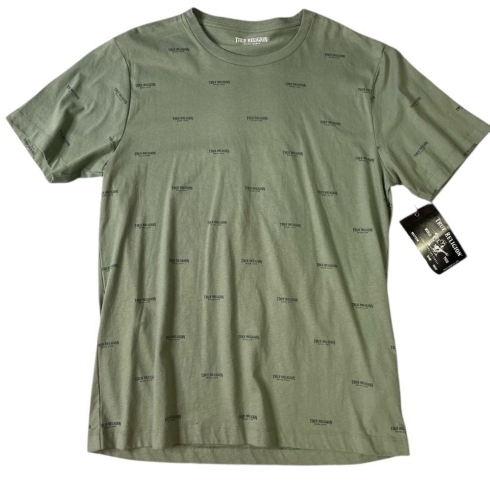 Sz Large try religion all over logo tee green