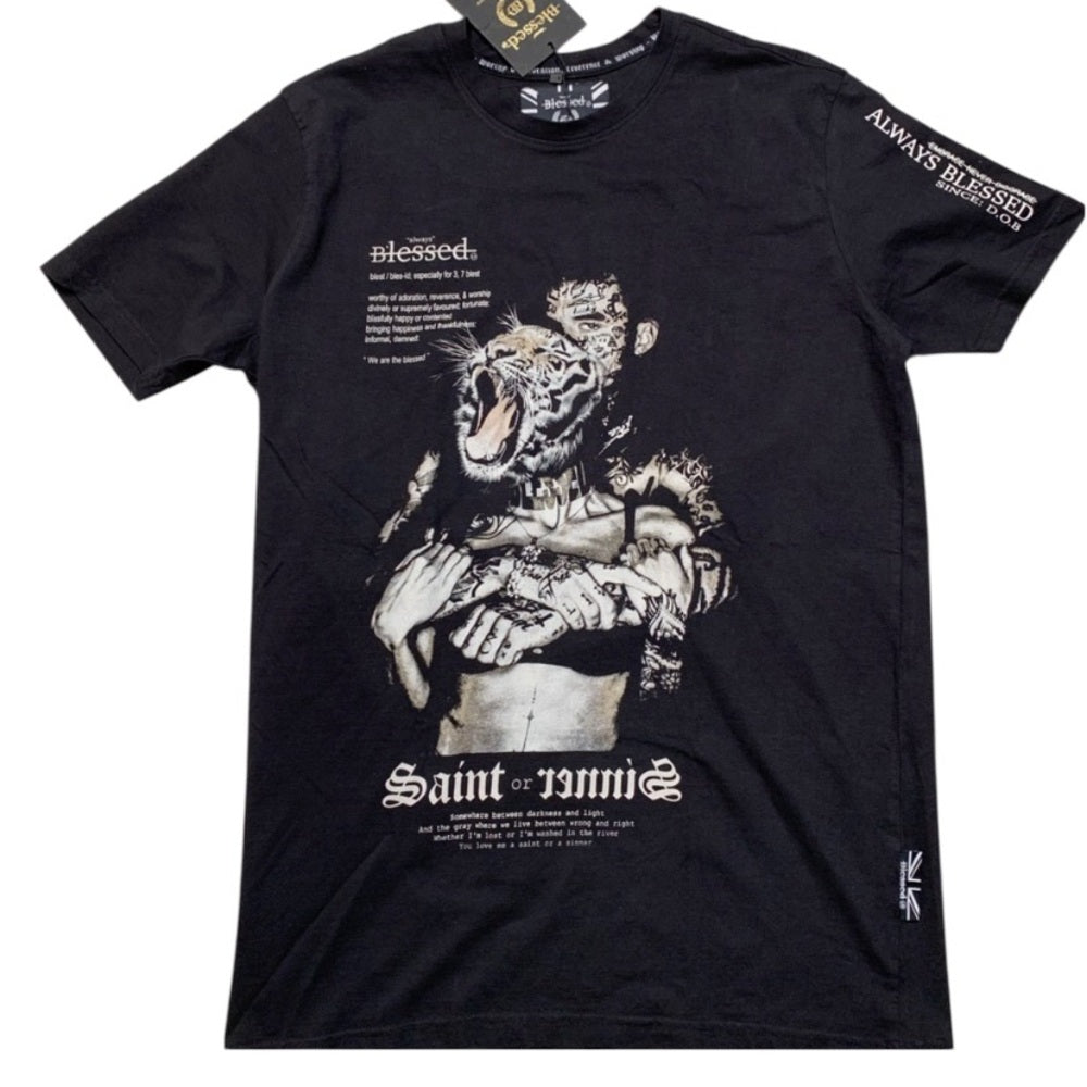 Black Short Sleeve Tee with Gothic Graphic Design blessed brand