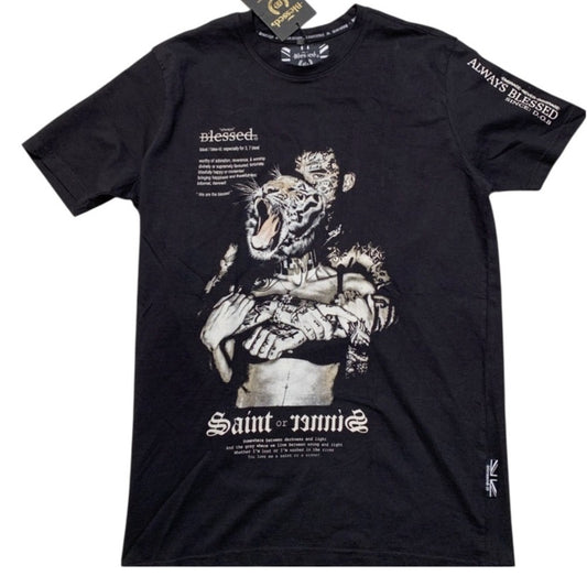 Black Short Sleeve Tee with Gothic Graphic Design blessed brand