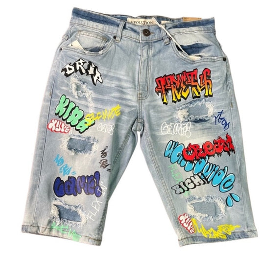 Evolution graphic jean shorts Sz Various