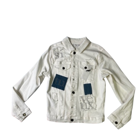White Denim Jacket with Blue Patch Sz various