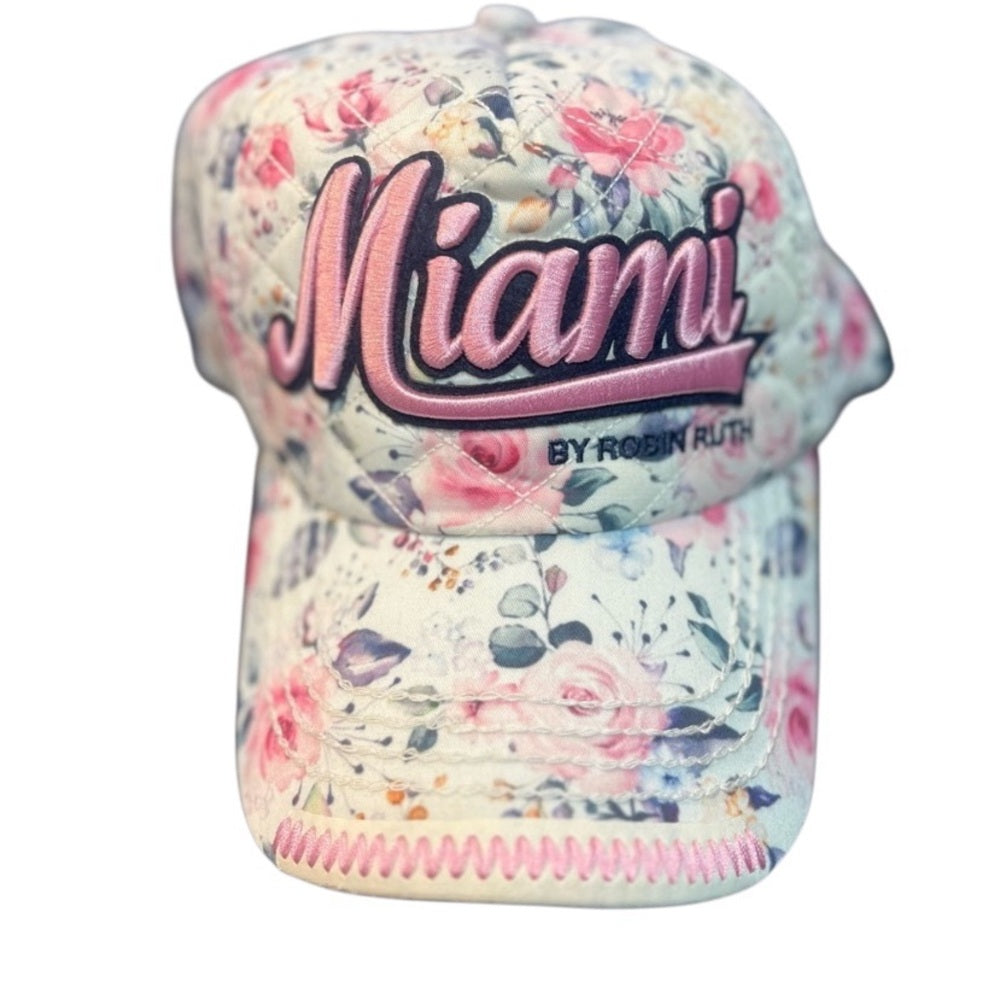 Robin Ruth Miami Embroidered Floral Cap - Pink and White