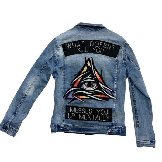 Graphic Denim Jacket with Eye Design Sz medium