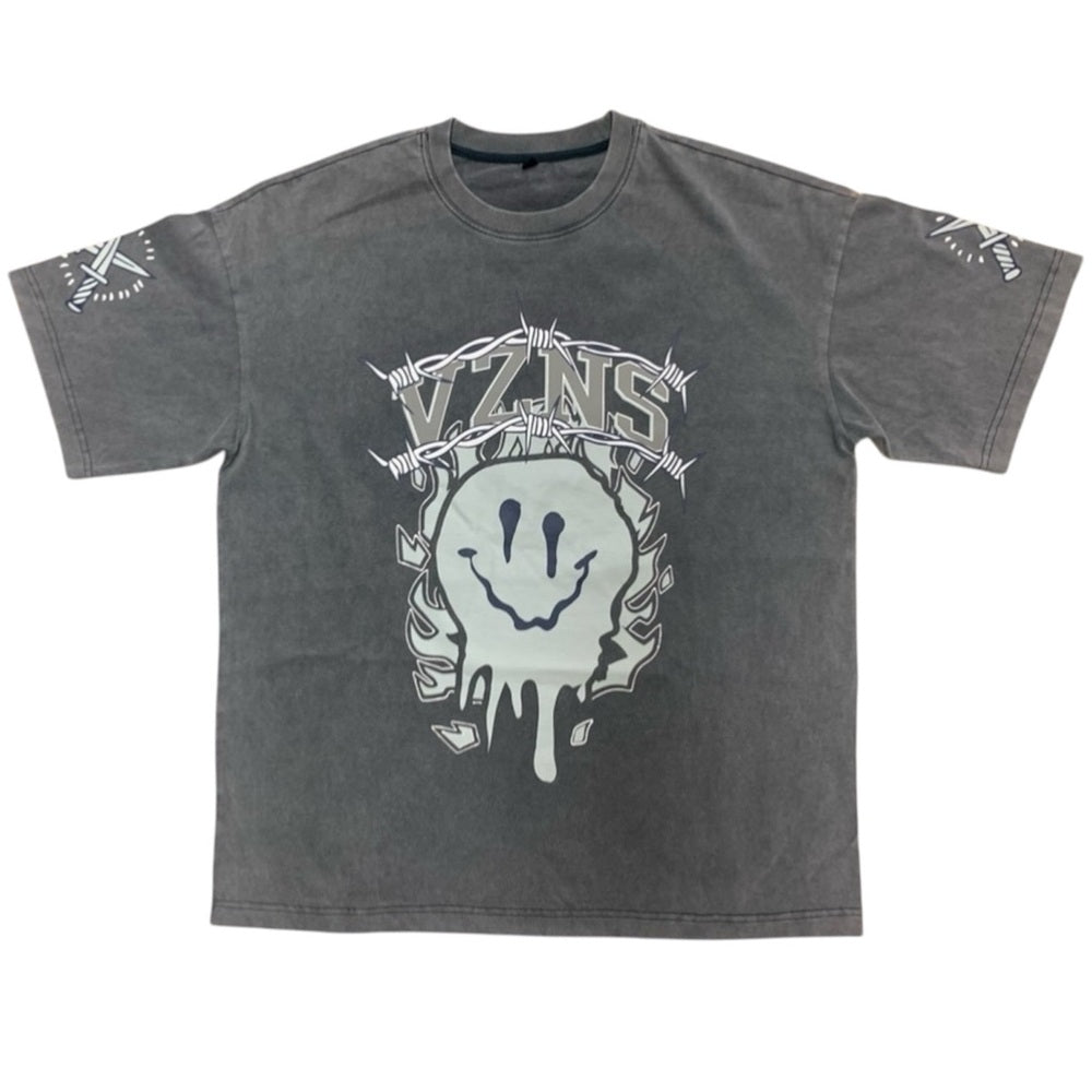 Gray acid wash blue Graphic T-Shirt with Smiley Design