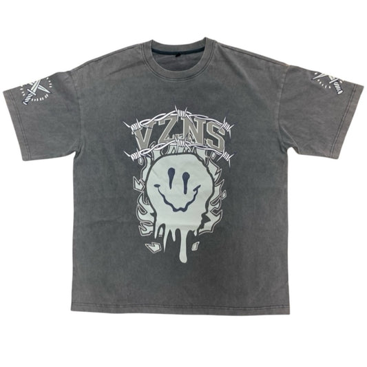 Gray acid wash blue Graphic T-Shirt with Smiley Design