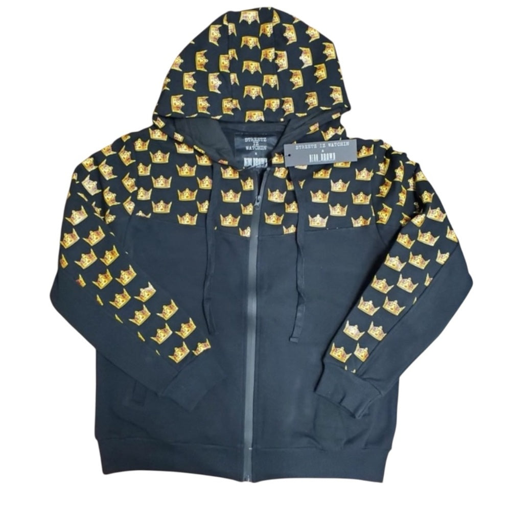 Black Hoodie with Gold Crown Pattern