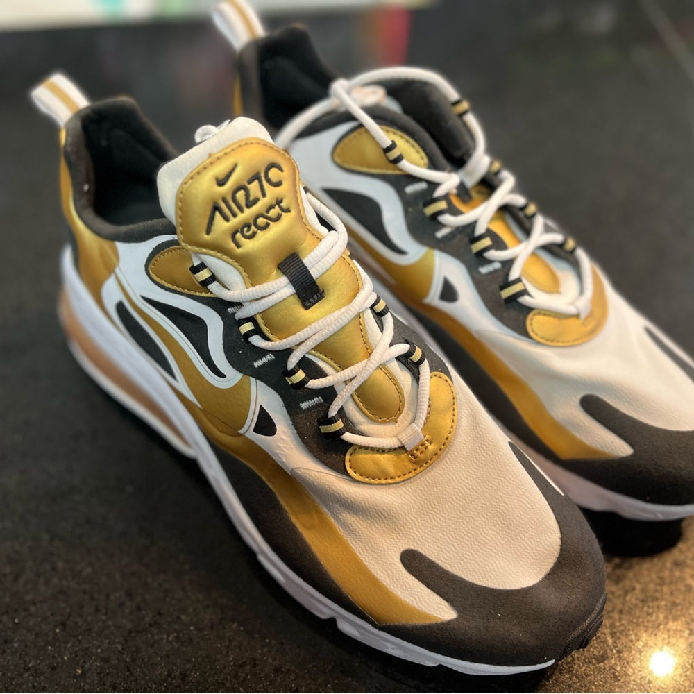 Sz 11 Nike Air Max React in Black, White, and Gold