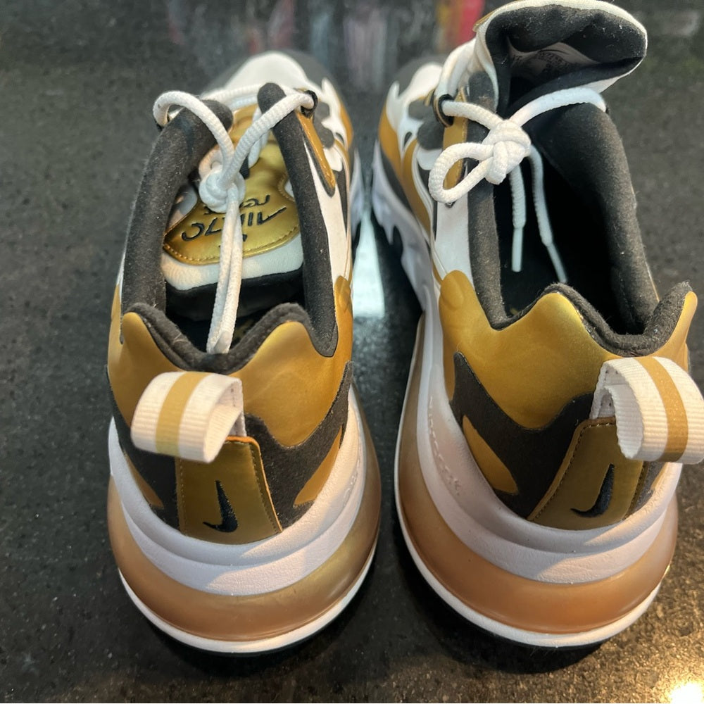 Sz 11 Nike Air Max React in Black, White, and Gold