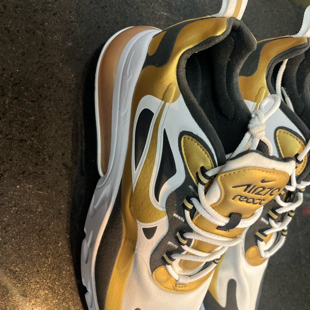 Sz 11 Nike Air Max React in Black, White, and Gold