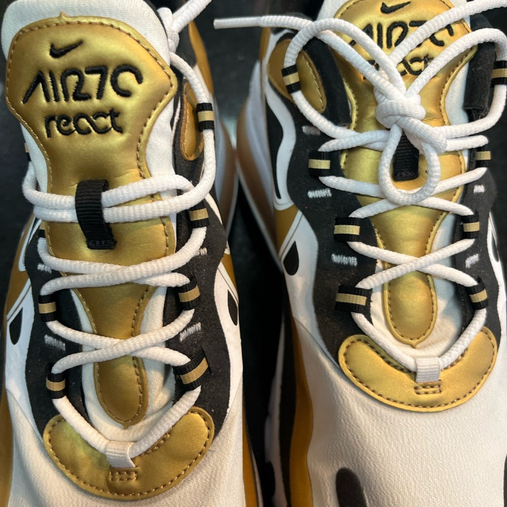 Sz 11 Nike Air Max React in Black, White, and Gold