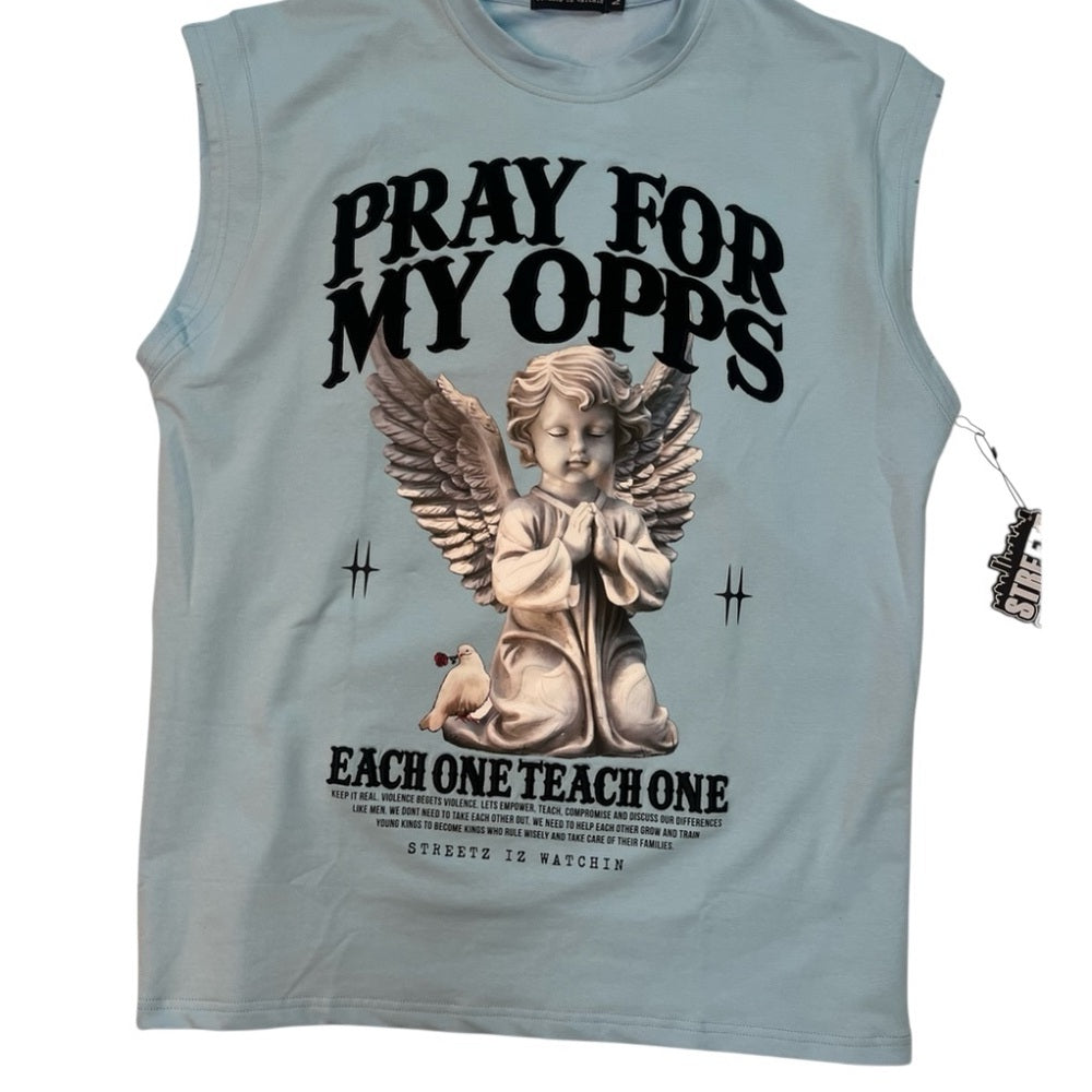 Streetz Iz Watchin Men's Pray For My Opps Muscle Tee - Light Blue