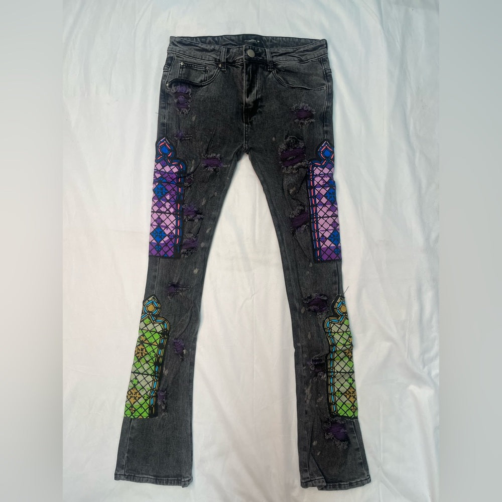 Temple Stack Jeans - Black Wash with Vibrant Patterns