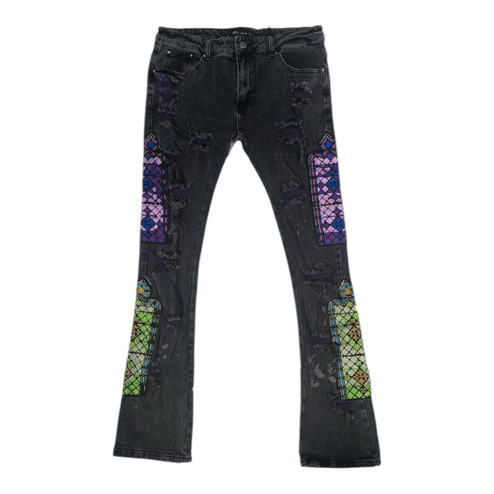 Temple Stack Jeans - Black Wash with Vibrant Patterns