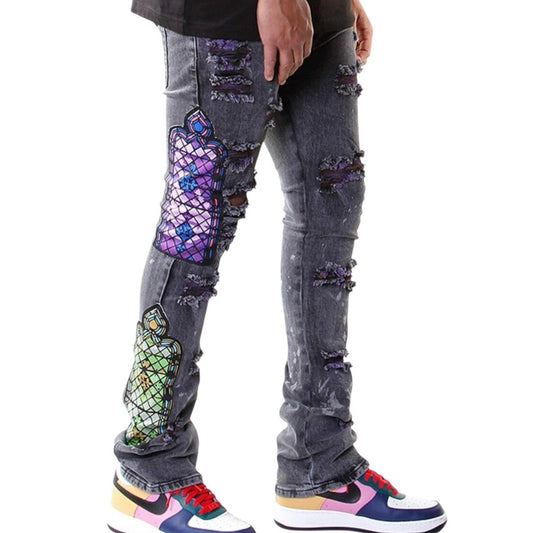 Temple Stack Jeans - Black Wash with Vibrant Patterns