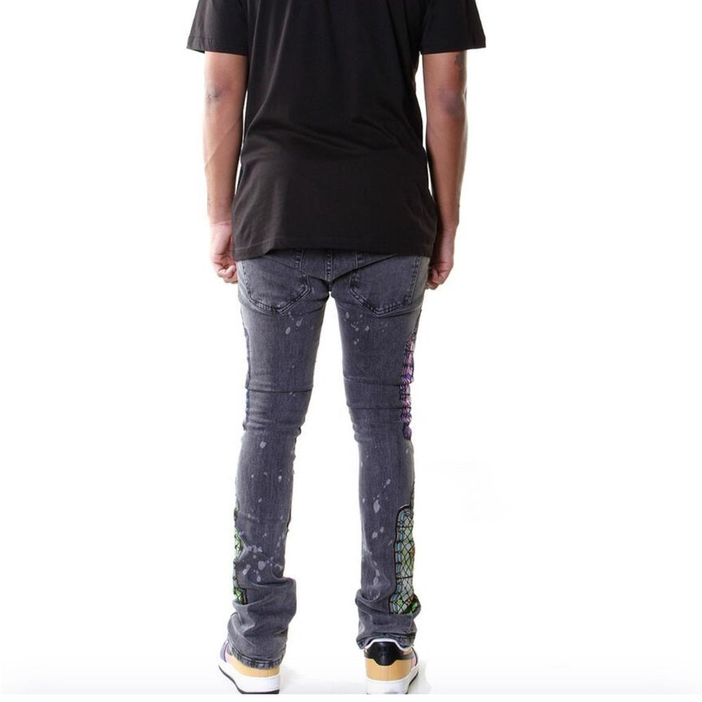 Temple Stack Jeans - Black Wash with Vibrant Patterns