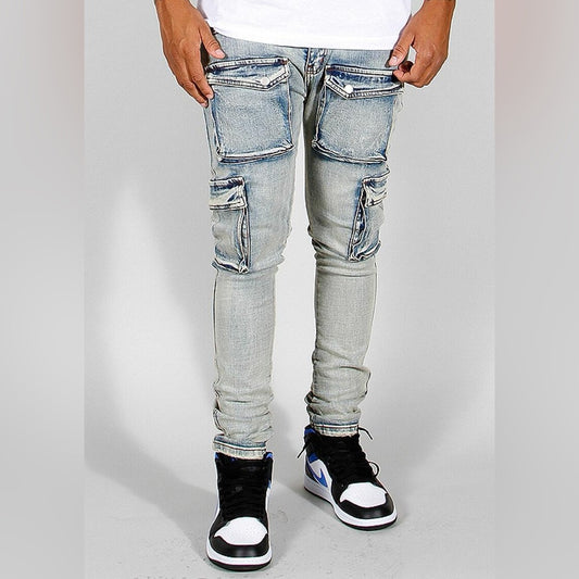 602 Denim Light Wash Distressed Cargo Jeans