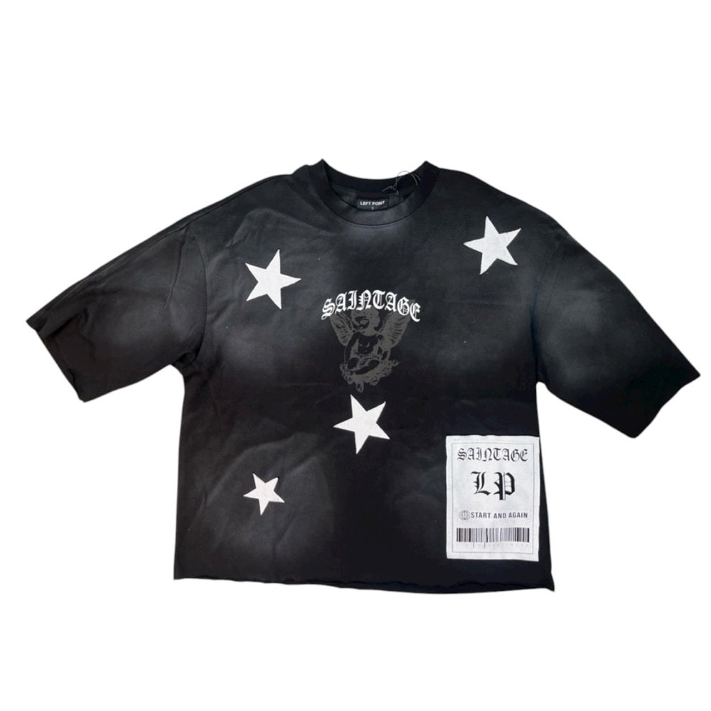Black Graphic Tee with White Stars Cut Off