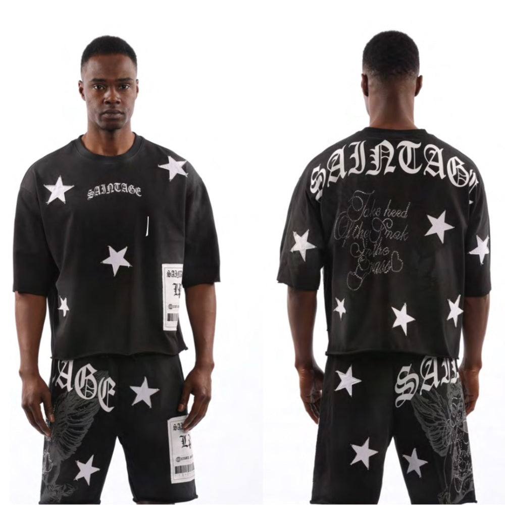 Black Graphic Tee with White Stars Cut Off