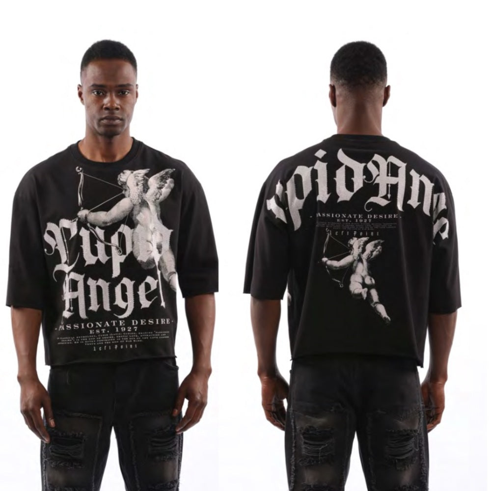 Black Graphic Tee with White Cross and Angel Design