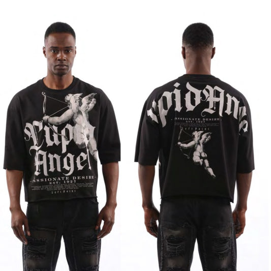 Black Graphic Tee with White Cross and Angel Design