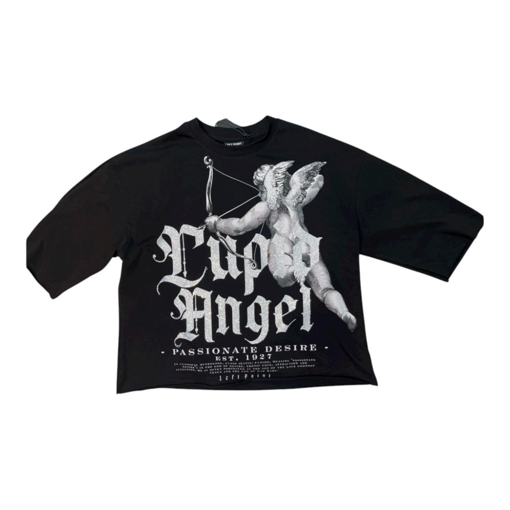 Black Graphic Tee with White Cross and Angel Design