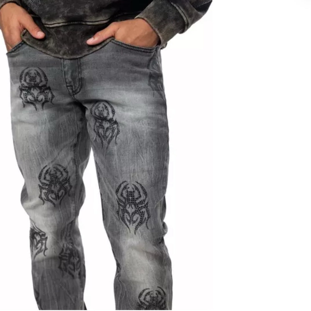Smoke Rise Men's Spider Rhinestone Slim Fit Denim Jeans