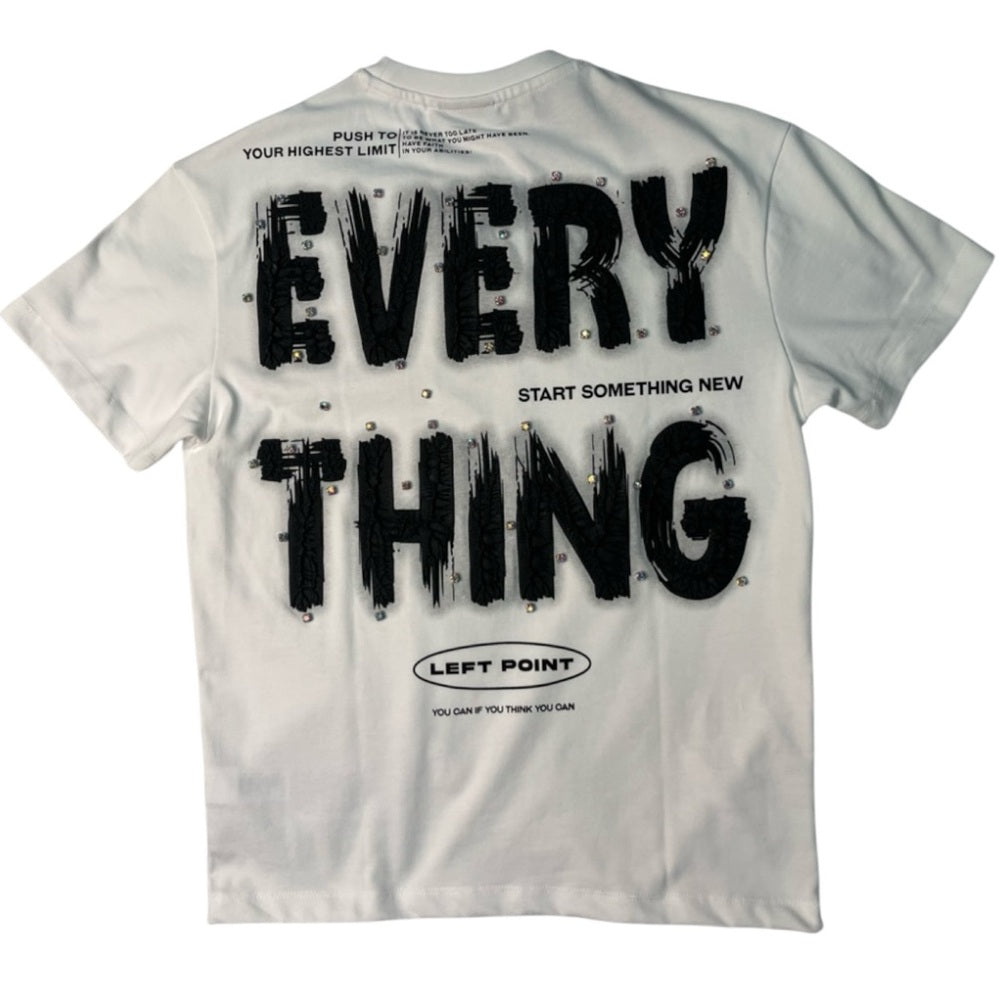 White T-Shirt with Black Embellished 'EVERYTHING' Text