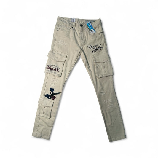 Men's Cream Cargo Jean Pants with Embroidery